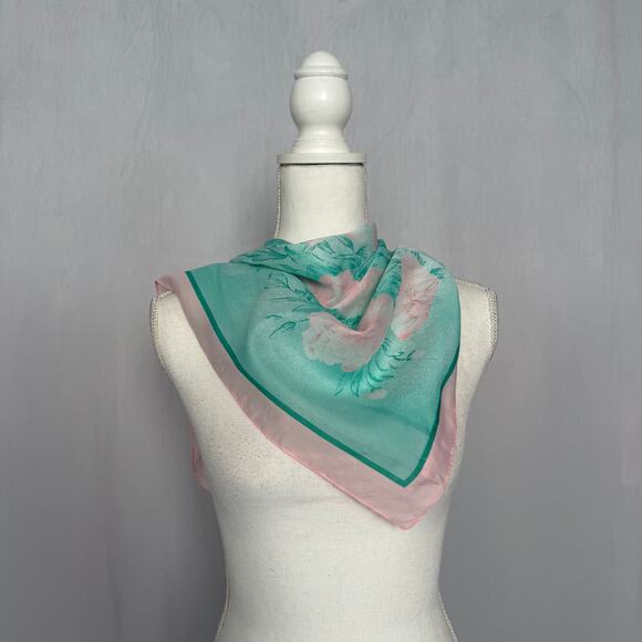 Floral Pink Turquoise Square Scarf, 27x26 - Picture 4 of 10